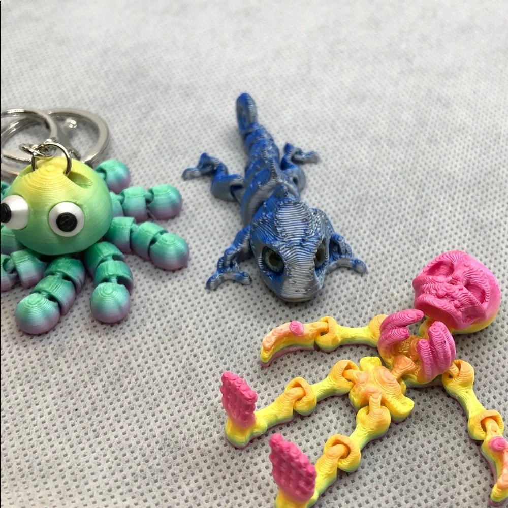 Colorful Kids Toy Keychain Pack - Green, Blue & Pink Octopus, Lizard, Skeleton